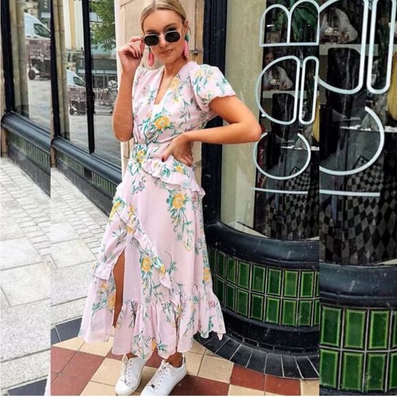 Zara Light Pink Floral Ruffle Asymmetrical Slit Midi‎ Dress Size S - Picture 12 of 12